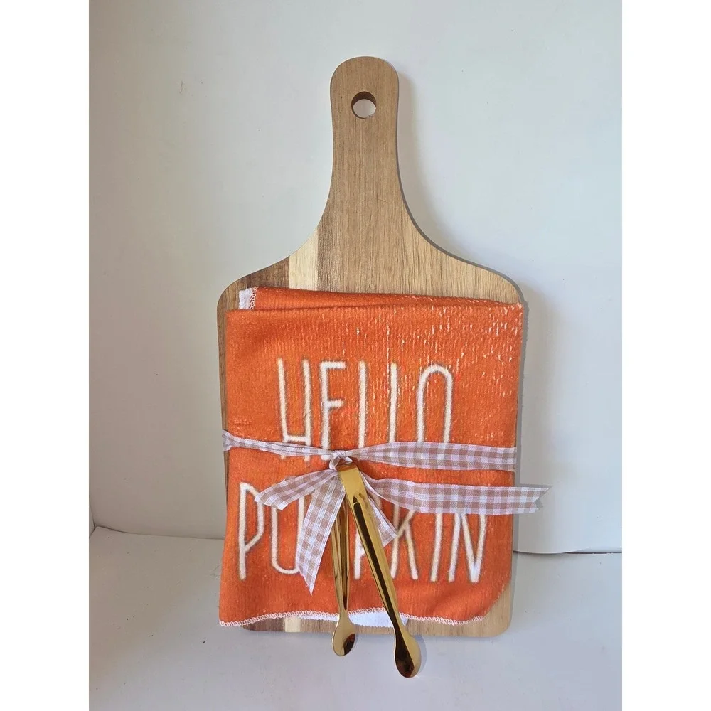 Hello Pumpkin Fall Kitchen Gift Set Wood Cutting Board Towel & Gold Tongs